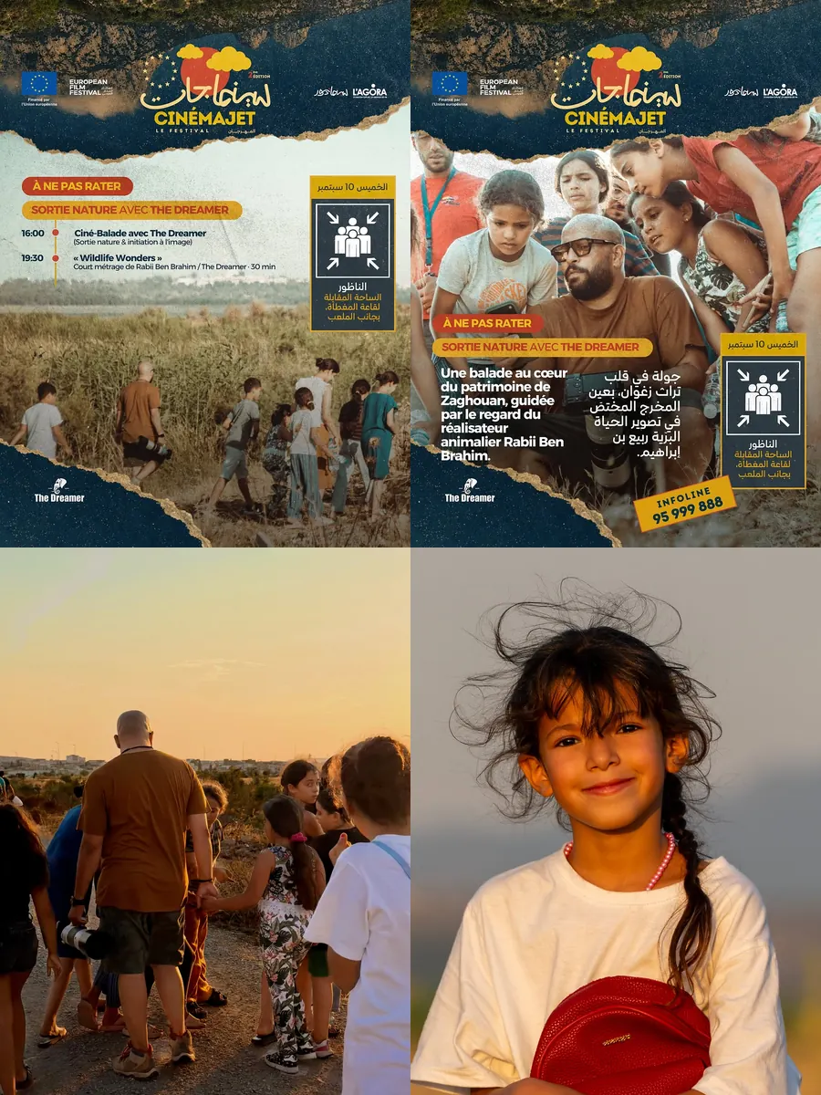 A collage of CinémaJet event artwork and a group taking part in an outdoor activity